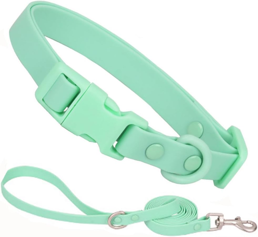 Mint Green Washable Dog Collar and Leash Set, Water Proof Silicone Dog Collar Plastic PVC Rubber Quick Release Buckle Swim Male Puppy Collars for Small Medium Large Pet Boy Dogs, S