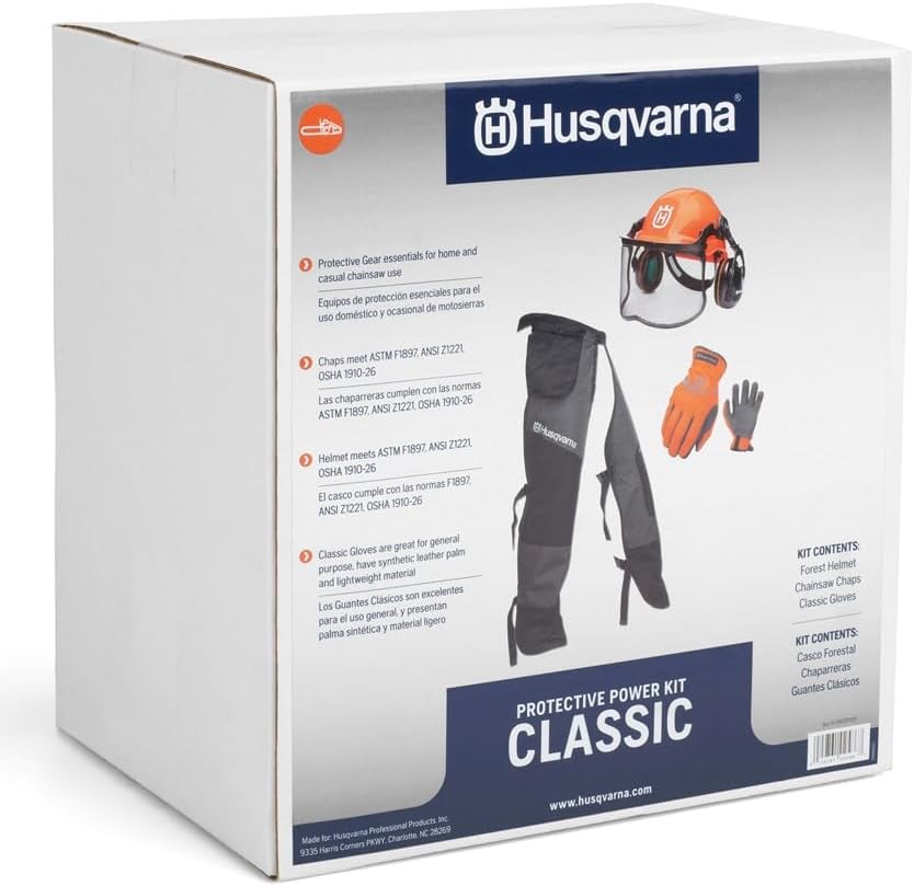 Husqvarna Classic Personal Protective Power Kit with Chainsaw Chaps, Forest Helmet and Safety Gloves, Chainsaw Safety Equipment for New Chainsaw Users
