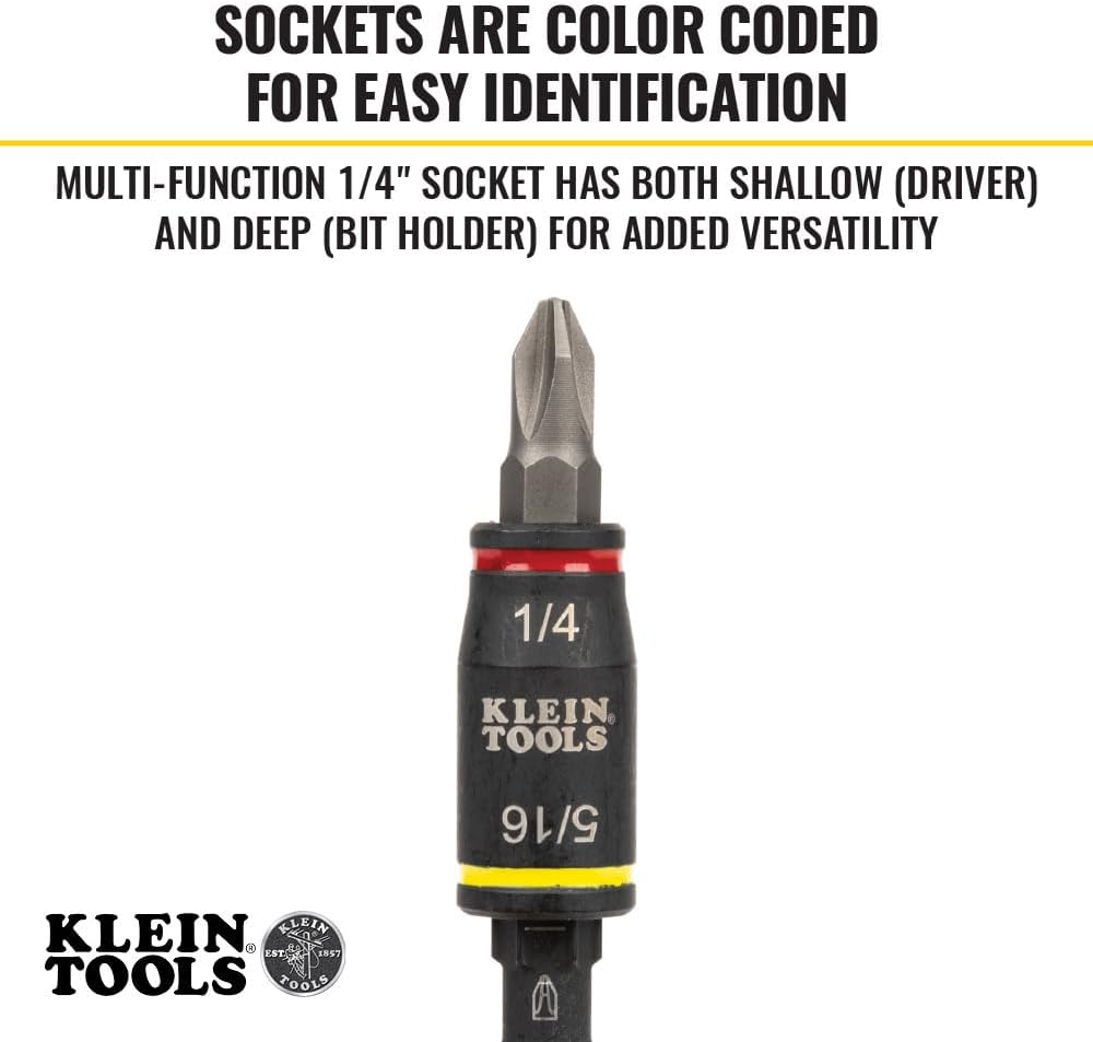 Klein Tools 32768 Impact Driver Set, 3-in-1 SAE Impact Socket and Bit Holder, Flip Socket with Nut Drivers in 1/4 and 5/16 Hex Sizes, 3 and 5-Inch Lengths, 2-Piece