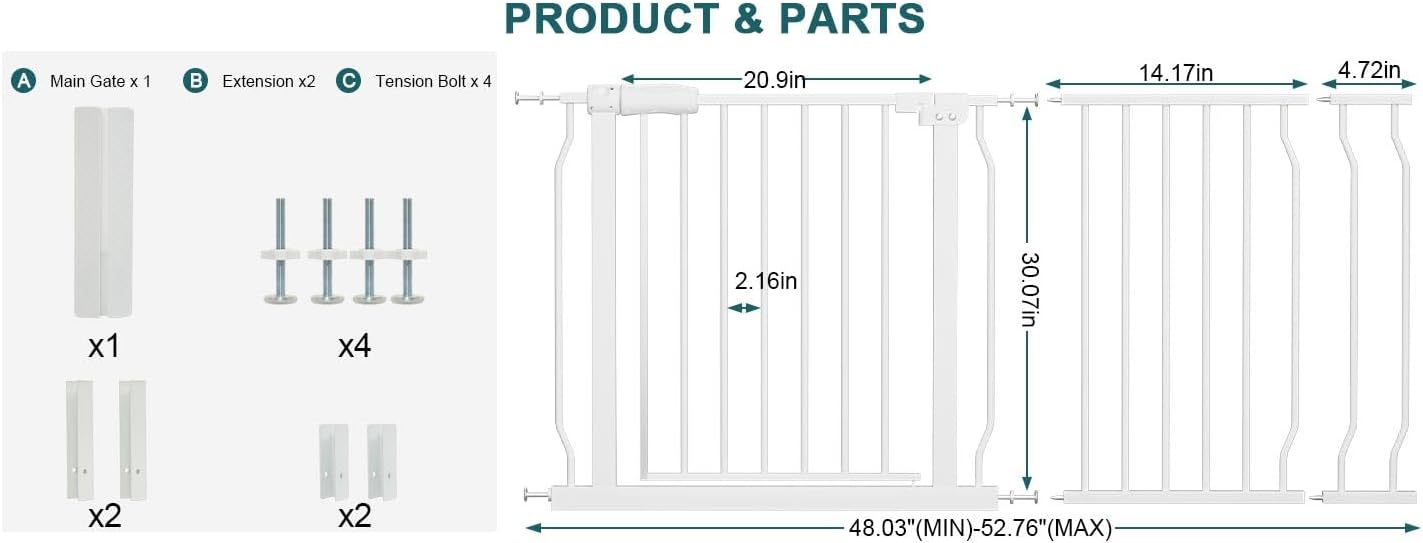 Extra Wide Baby Gate Tension Indoor Safety Gates White Metal Large Pressure Mounted Pet Gate Walk Through Long Safety Dog Gate for The House Doorways Stairs (48.03"-52.76"/122-134CM, White)
