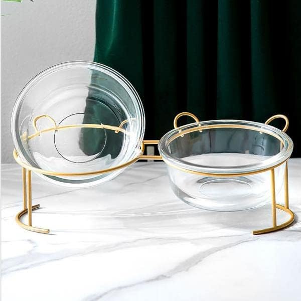 Cat Bowls Glass Raised Pet Bowl Cat Food and Water Bowls Set Tilted Elevated Cat Dog Bowl with Metal Stand Cat Dish Feeder for Puppy Cats and Small Dogs