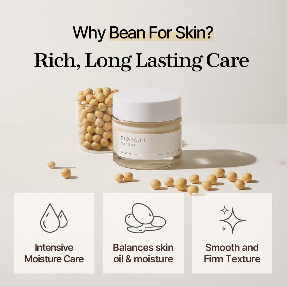mixsoon Bean Cream-Deep Moisturizer Face Cream, Hydrating and Smoothing for Face, Fermented Soybean Extract, Lightweight Non-Sticky Finish 50ml / 1.69 fl.oz. Korean Glass Skin Care