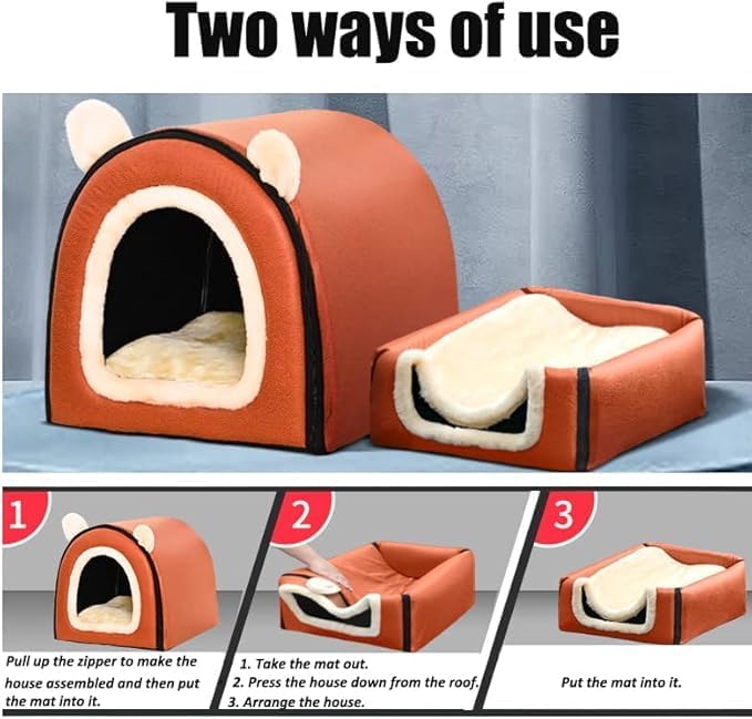 Dog Bed,2 Ways to Use,Indoor Pet House with Fluffy Mat,Removable and Washable Cover,Splash-Proof House and Non-Slip Bottom,for Large Dogs(XL Orange & Gray)