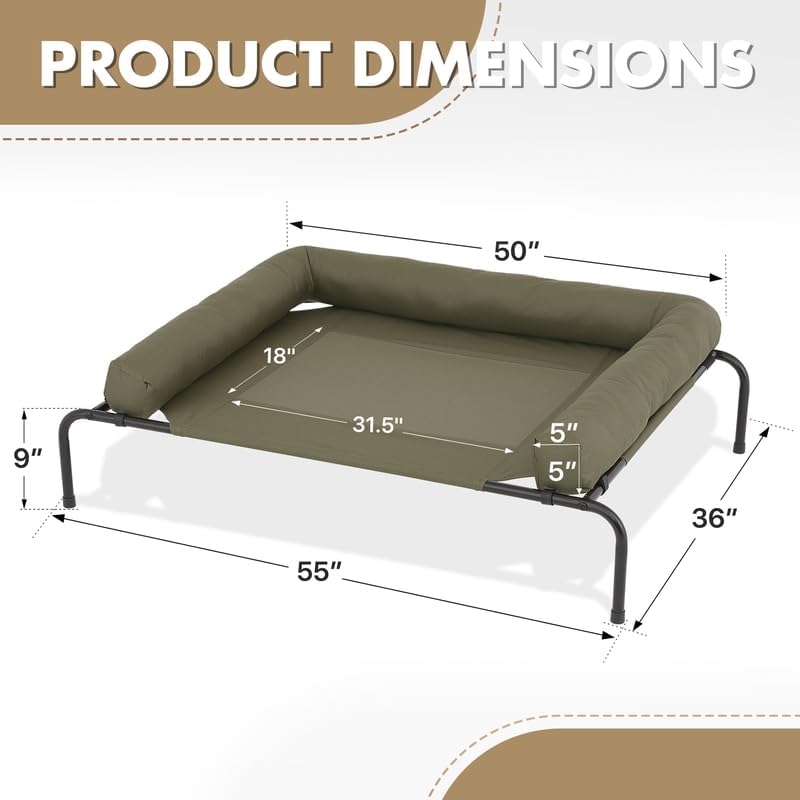 Athena Collection Outdoor Elevated Dog Bed with Removable Bolsters, 55 Inches Raised Dog Cot Washable with Metal Frame Non-Slip Feet for Large Size Dog, Green