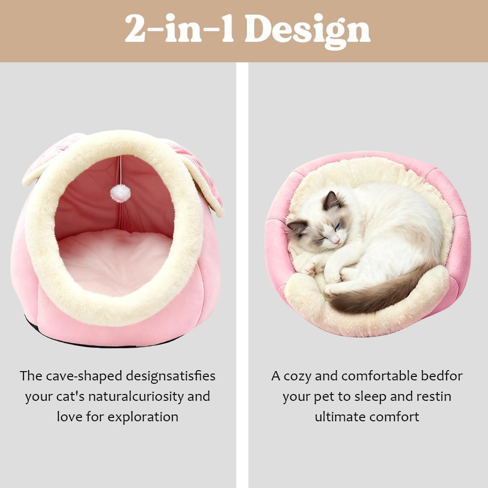 Lcybem Cat Beds for Indoor Cats - Rabbit-Shaped Cat Cave Bed with Hanging Toy,Super Soft Calming Pet Bed for Kitten,Small Dog,Warm Plush&Machine Washable&Removable Cotton Pad,cat Hideaway