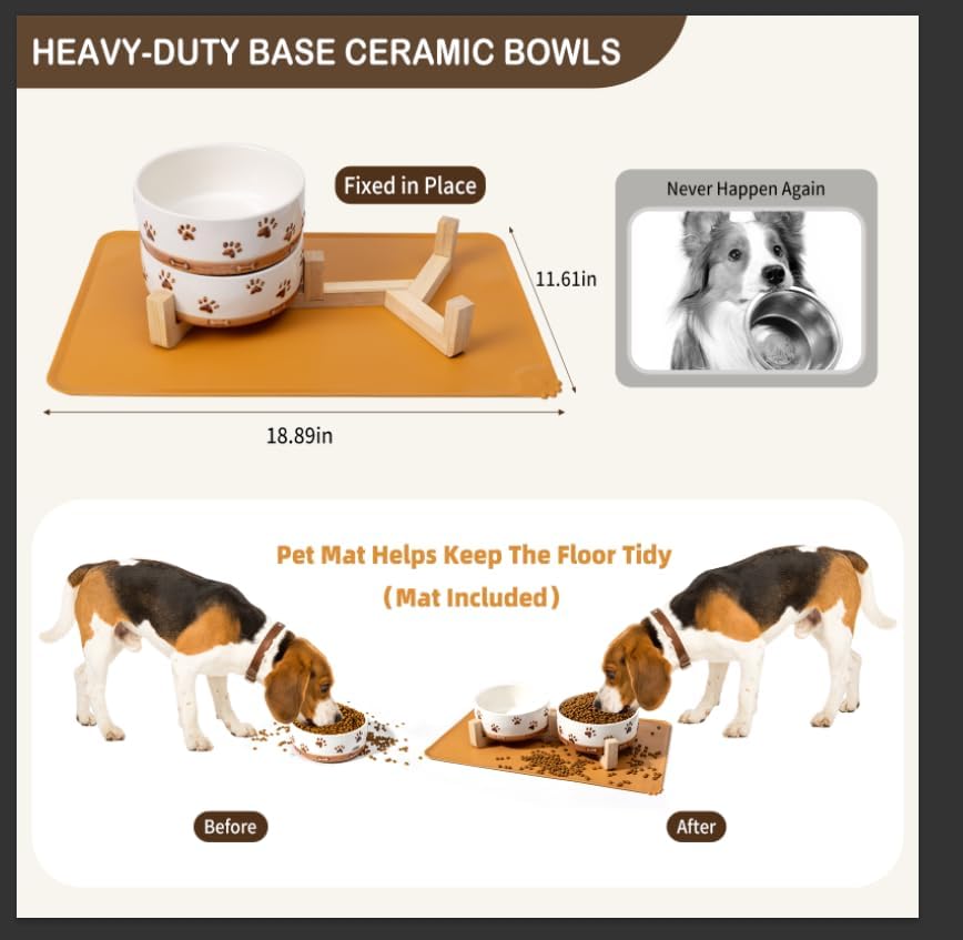 Ceramic Dog Bowls, 3.5 Cups Dog Food and Water Bowl Set for Medium Dogs with Wooden Stand and Non-Slip Silicone Food Mat, Weighted Embossed Cute Puppy Bowls Feeding Dishes Set of 2, 32 OZ