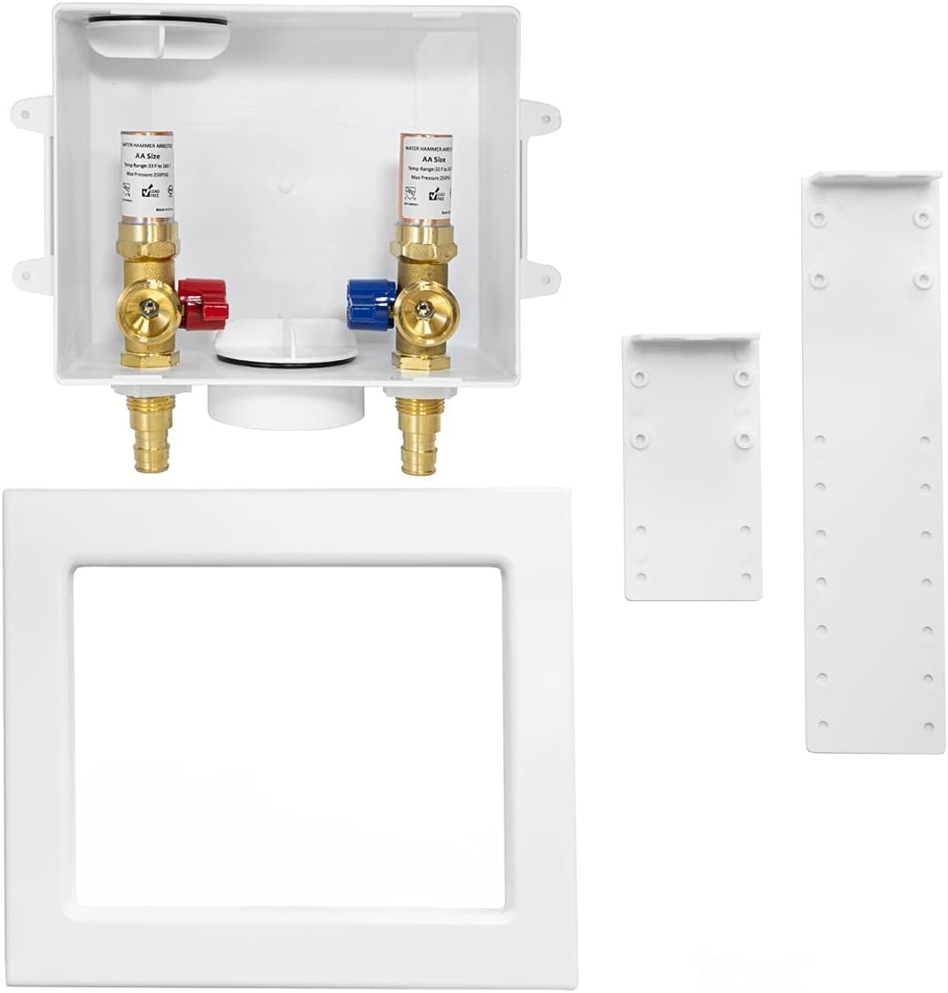 EFIELD Washing Machine Outlet Box, 1/2" Pex-A F1960 Expansion Connection x 3/4" MHT Connection, with Copper Water Hammer Arrestor, Center Drain with Brass 1/4 Turn Valves Installed,(WM013)