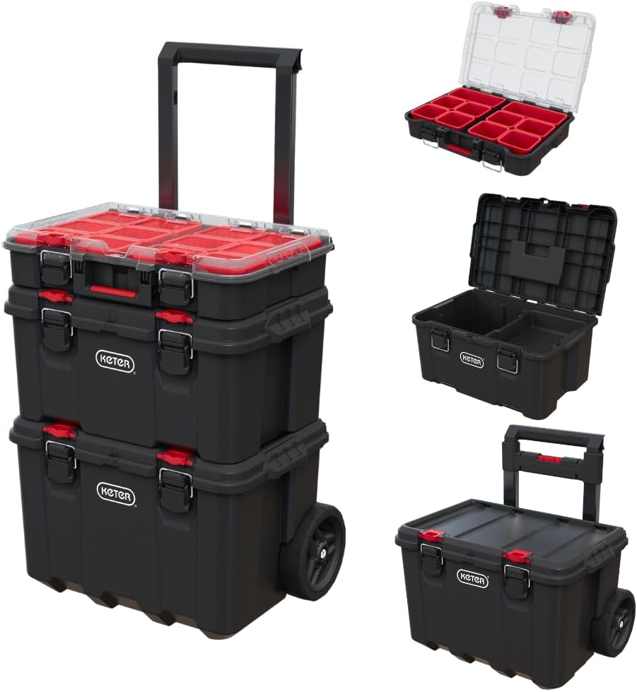 Keter Stack-n-Roll Modular Tools Organizer for Garage Storage and DIY, 3 Piece Resin Rolling Tool Box System for Small Parts, Black