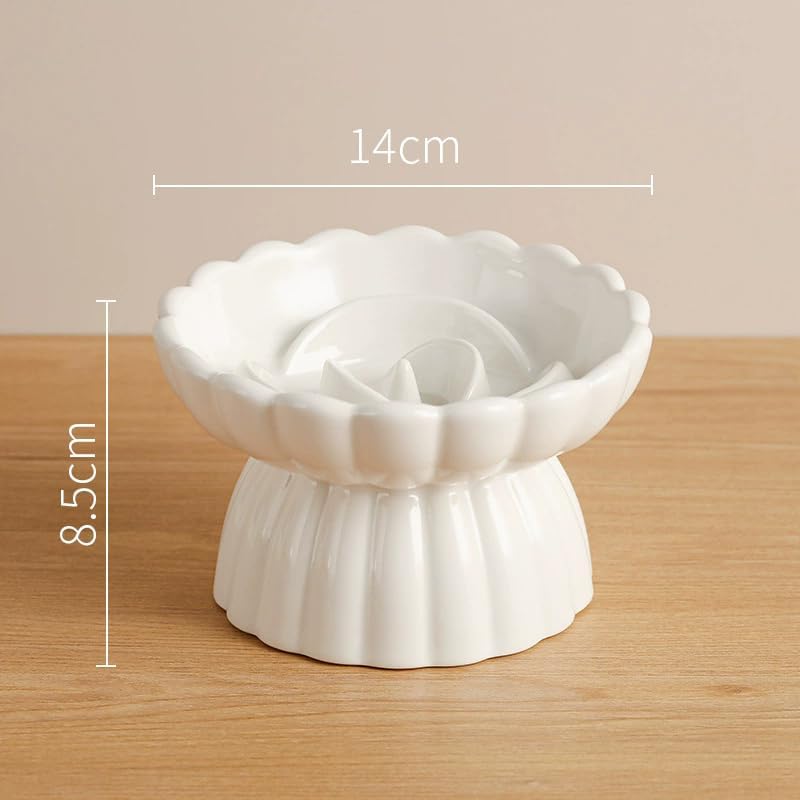 Ceramic Raised Cat Slow Feeder Bowls Whisker Friendly Anti Vomiting Cat Slow Eating Food Bowl for Cats Puppy Dogs Neck Support Plates (White)