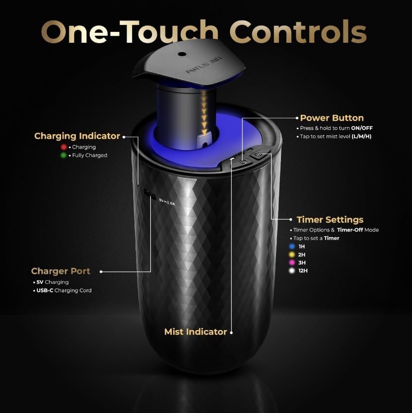 Waterless Essential Oil Diffuser – Portable Cordless Aromatherapy Diffuser for Home, Car, Office – 3 Mist Levels - 4 Timer Modes - 15ml Oil Capacity - USB-C Rechargeable