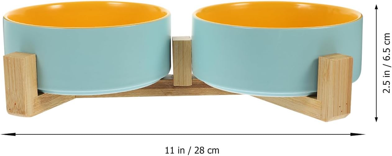 Milisten Ceramic Elevated Cat Bowl with Double Bowls and Wooden Stand for Small Cats Pet Feeding Accessory for Indoor Use