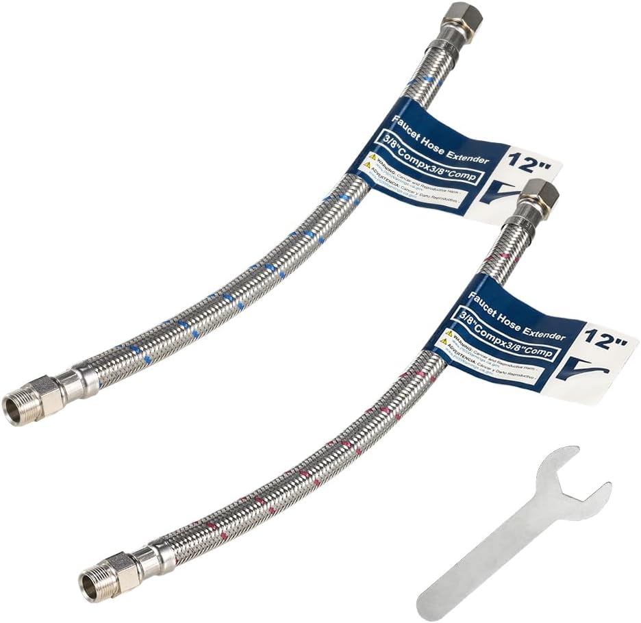2 Pcs 12 Inch Faucet Supply Conector Extension, 3/8 OD Comp (Male) x 3/8 Comp (Female) Supply Line，Faucet Hose for Kitchen Bathroom