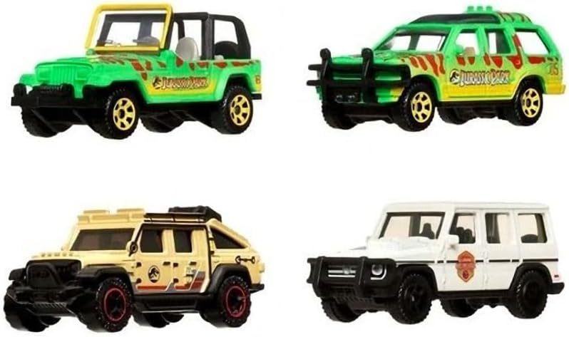 Jurassic World Matchbox Die-Cast Vehicle Set, '19 Jeep Gladiator, '14 Mercedes G350, Jeep Wrangler, Ford Explorer, 4 Pack, Ages 3+ JGL59-956A