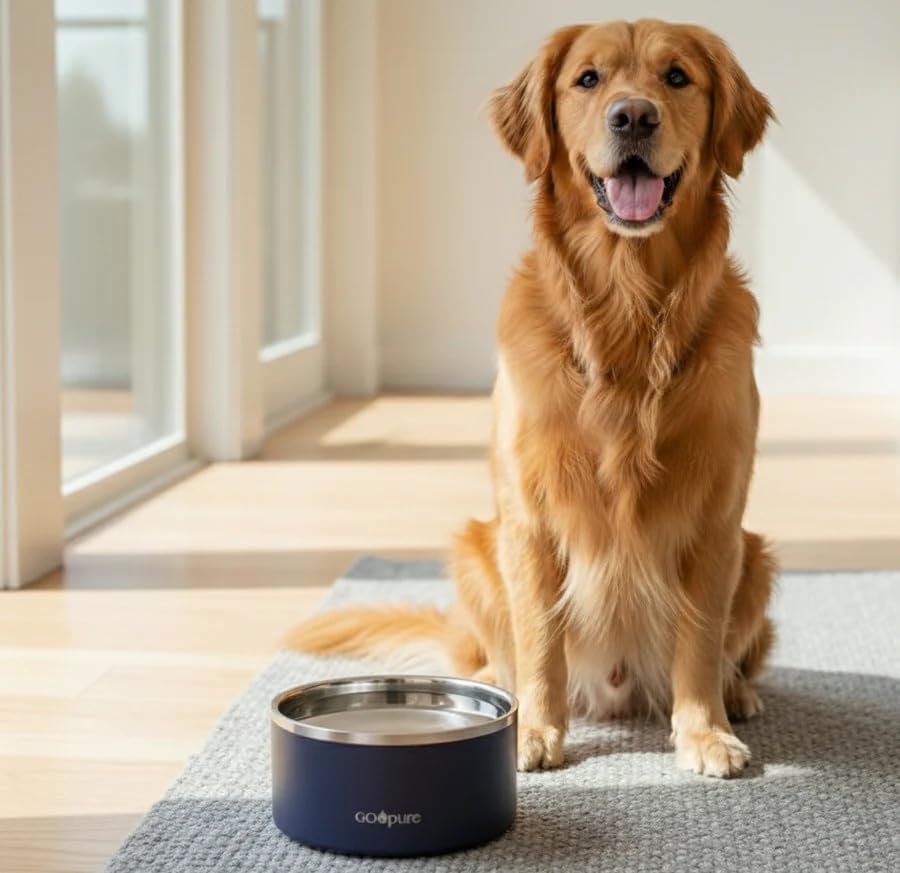 Filtered Pet Water Bowl – 64 oz Stainless Steel Dog & Cat Water Bowl with Ceramic Filter Included, Self-Purifying, Eco-Friendly Pet Water Bowl, White