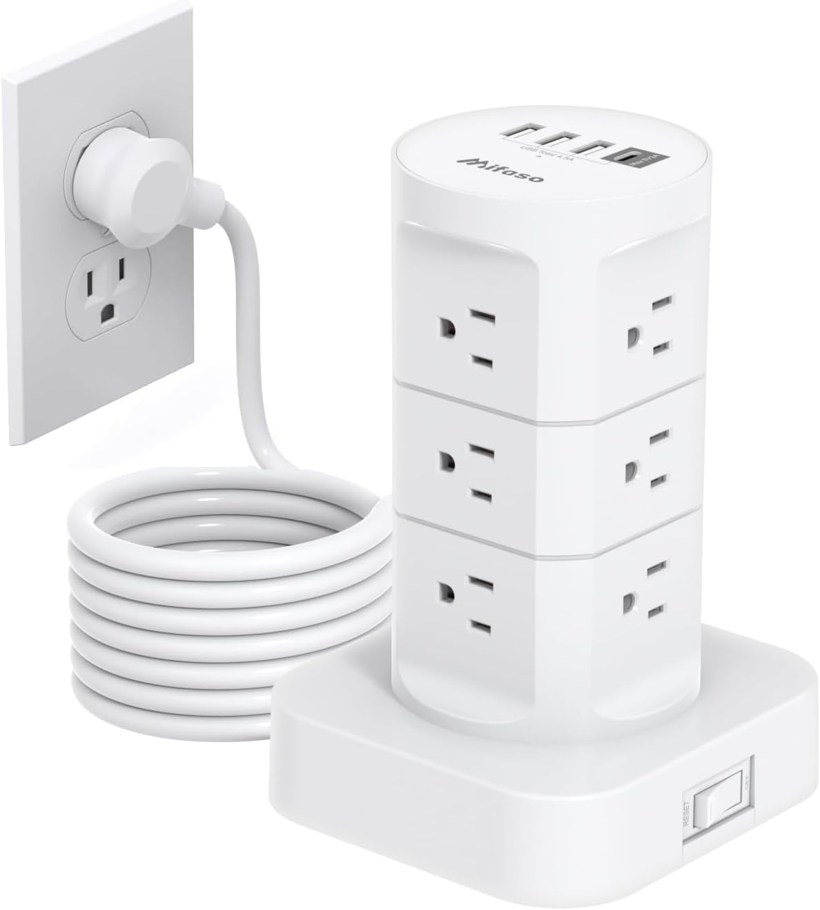 Tower Surge Protector Power Strip with 12 Outlets 4 USB (1 USB C), Mifaso Extension Cord with Multiple Outlets, 1800J Protection, Office Desk Supplies, Dorm Essentials