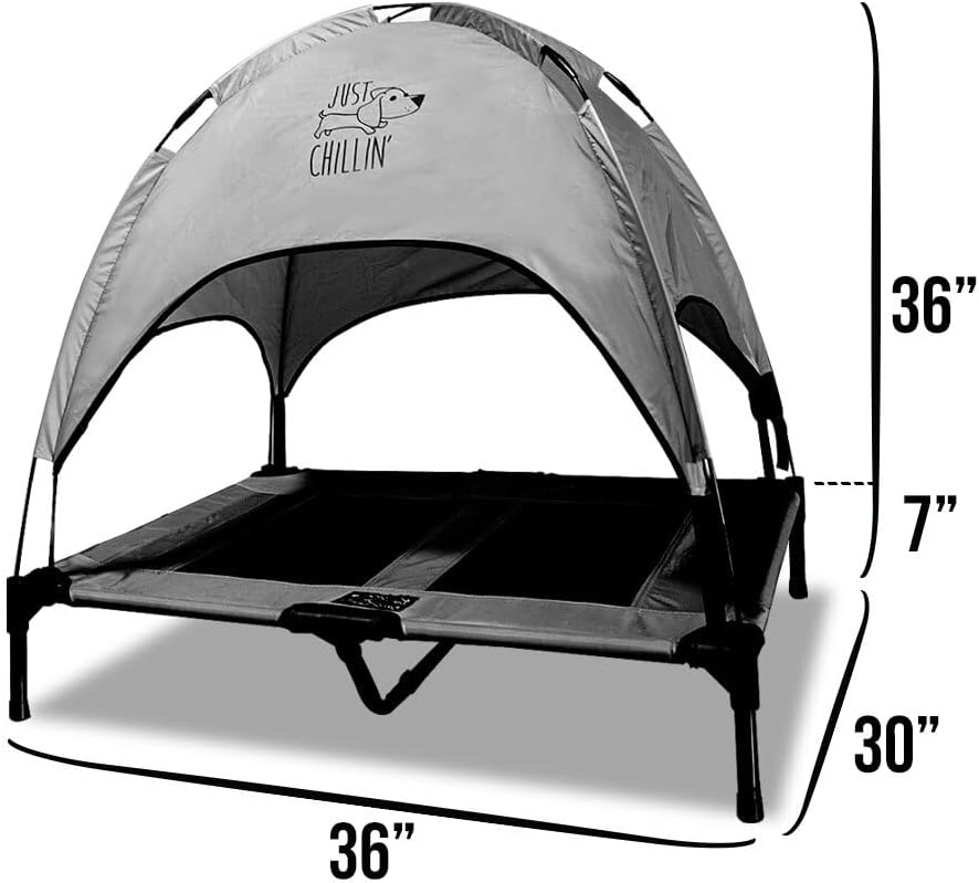 Just Chillin Large Elevated Dog Bed. Cool Cot with Removable Canopy Shade. Indoor or Outdoor Pet Use. Lightweight and Portable. Chill in Style on Raised Breathable Mesh Fabric.