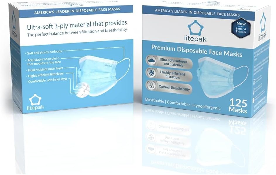 Litepak 125-Pack Disposable Face Mask Premium Comfort Earloops with Dispenser Box