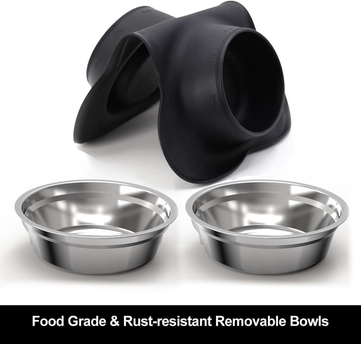 Pet Deluxe Dog Bowls Stainless Steel Dog Food Water Bowl Set with Stand, Feeding Bowls No Spill Non-Skid Silicone Mat, Dog Dishes for Small Medium Large Size Dog Puppy Pet Food Bowls, Black, 4 Cup