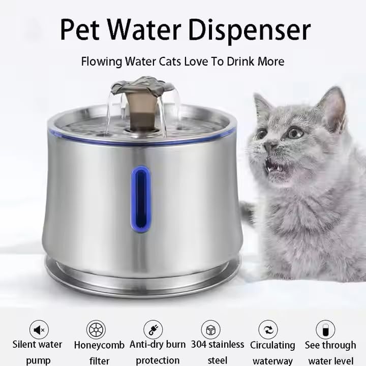 Cat Water Fountain 84oz/2.5L Stainless Steel, Automatic Dog Water Dispenser, Ultra-Quiet Pump, Water Level Window, BPA-Free, Advanced Filtration with 2 Filters for Cats, Dogs & Multiple Pets.