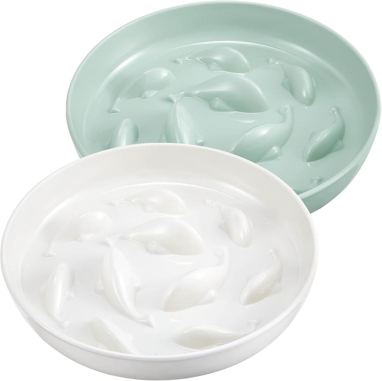 Nitial 2 Pcs Cat Slow Feeder Bowl Fish Pool Design Feeder Dish Fun Interactive Cat Food Bowl Healthy Eating Diet Bowls for Pet Puppy Dogs Dishwasher Safe(White, Green)
