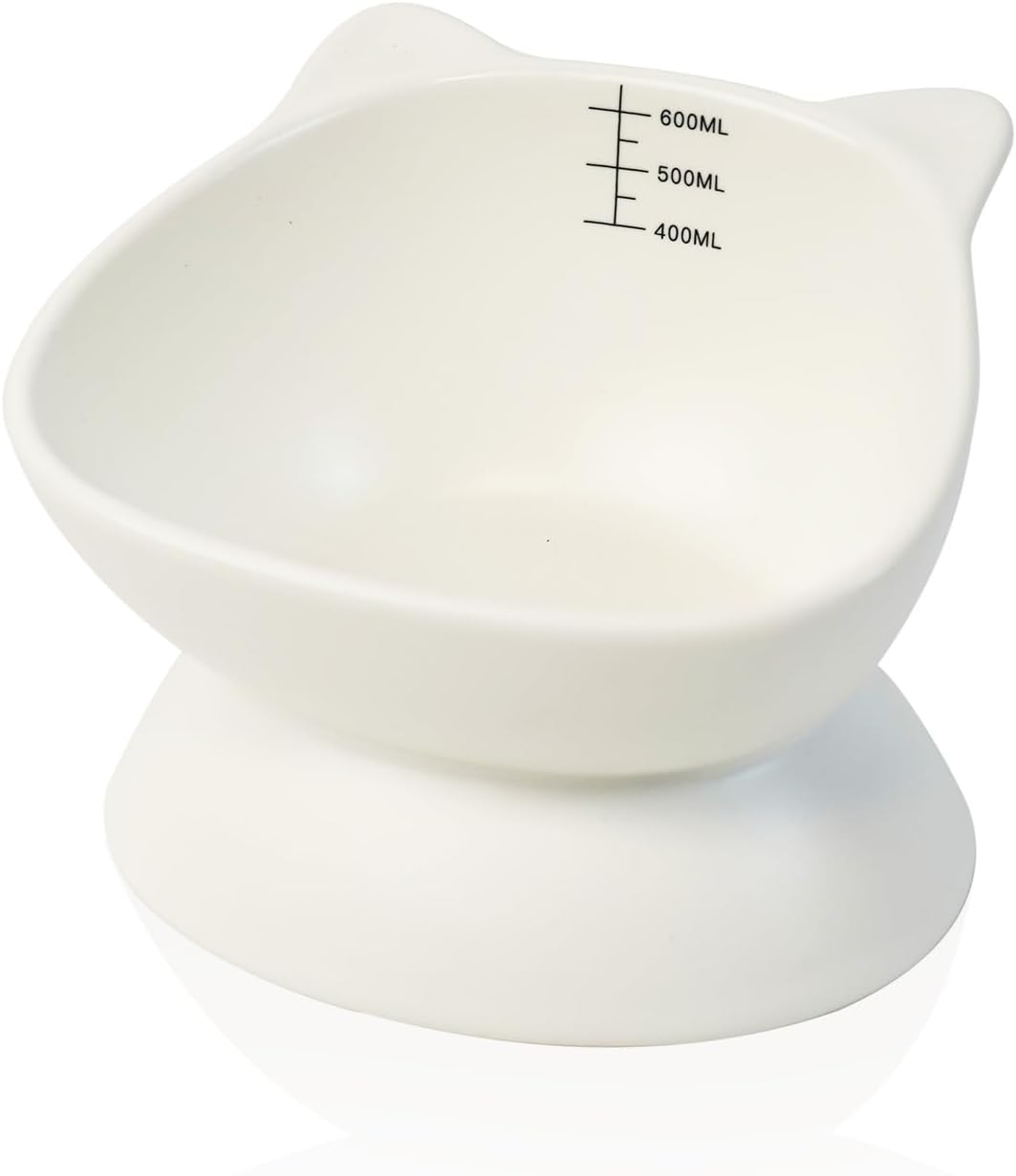 YOBRO Ceramic Elevated Tilted Cat Bowl with Scale Marks, Cute Cat Ear Pet Food or Water Bowl, Anti-Vomiting Spine Protection, Durable Feeding Dish for Kittens & Small Dogs, 21oz