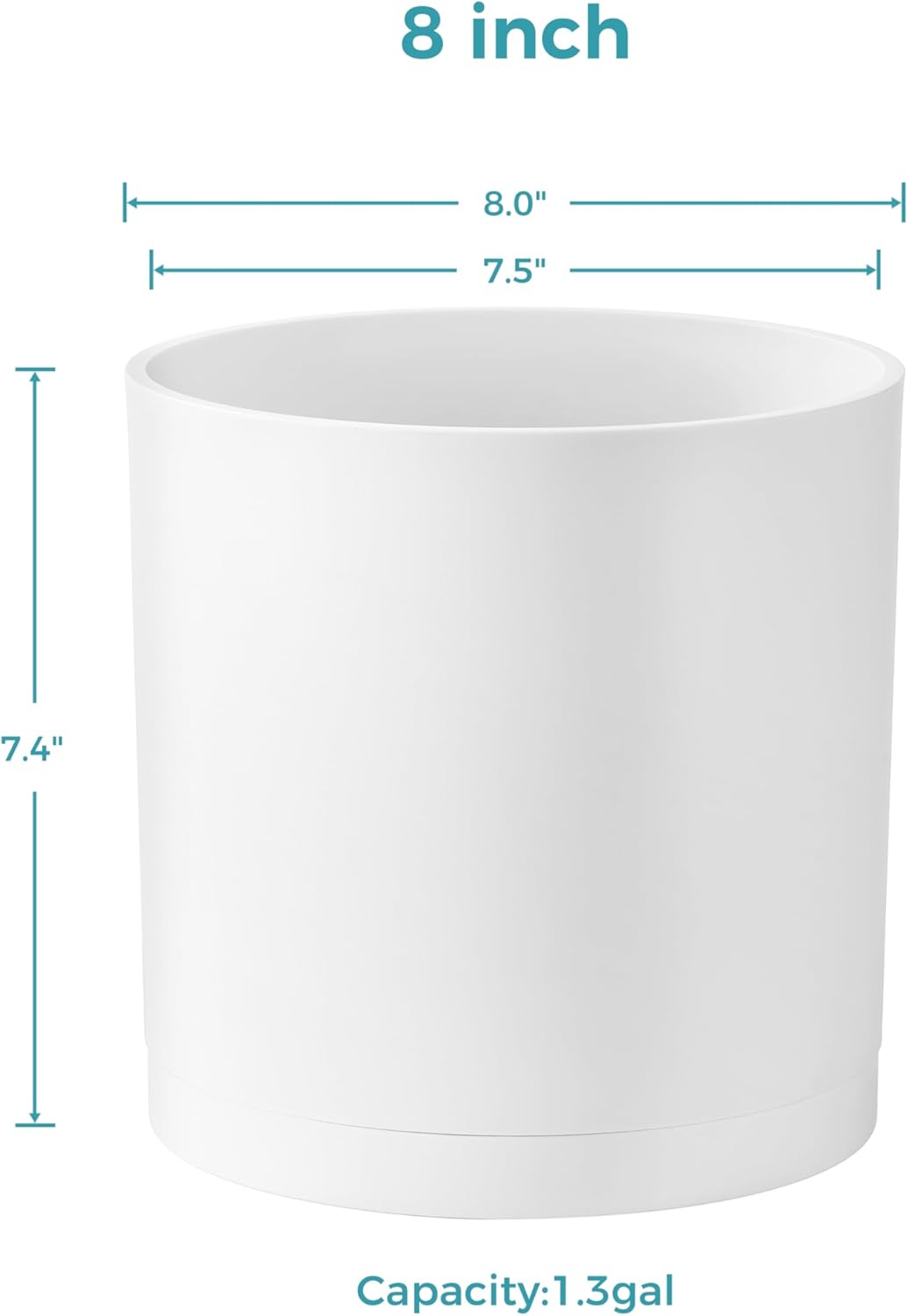 FaithLand 8-Inch Modern Cylinder Planter, Thick-Walled Plastic Plant Pot with Drainage Holes and Detachable Saucer, Matte White, Ideal for Indoor & Outdoor Plants Flowers
