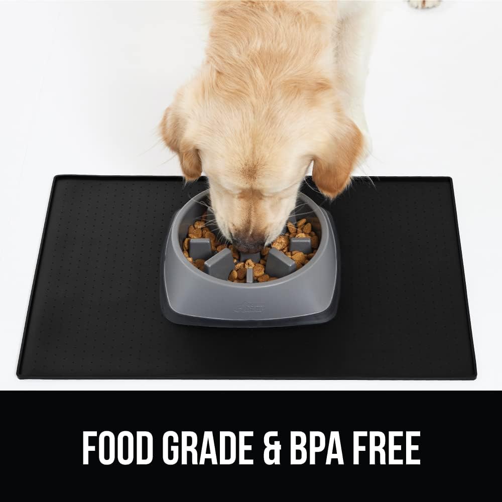 Gorilla Grip Slow Feeder Dog Bowl and Pet Feeding Mat, 4 Cups Dogs Pet Bowls Slip Resistant, Dog Food Mats Size 18.5x11.5 Waterproof Placemats, Both in Black Color, 2 Item Bundle