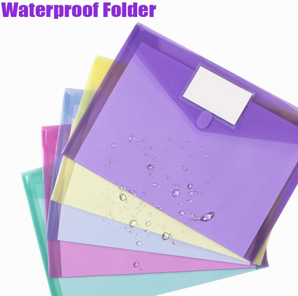 Sooez 10 Pack File Folders, Clear Poly Envelopes Plastic Folders, Folder for Documents Letter A4 Size with Label Pocket, Teacher School Office Supplies Organization Storage, Assorted Color