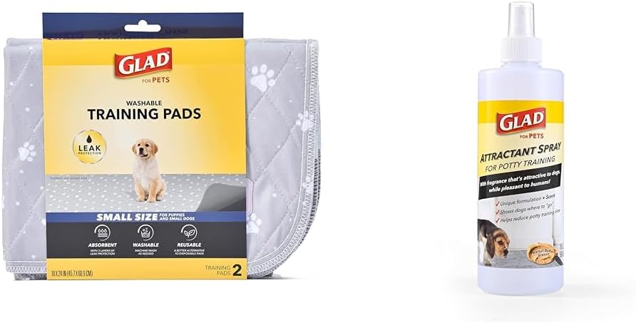 Glad for Pets Eco-Friendly Training Kit: 18"x24" Small Washable Pads (2 Count) & Peanut Butter Scented Attractant Spray (16oz) for Efficient Dog Potty Training