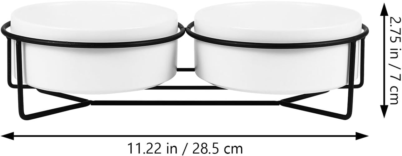 PRETYZOOM Ceramic Pet Bowl Double Dog Bowls with Black Iron Raised Stand 13cm Spill-Resistant Cat Feeding Dish for Water and Food