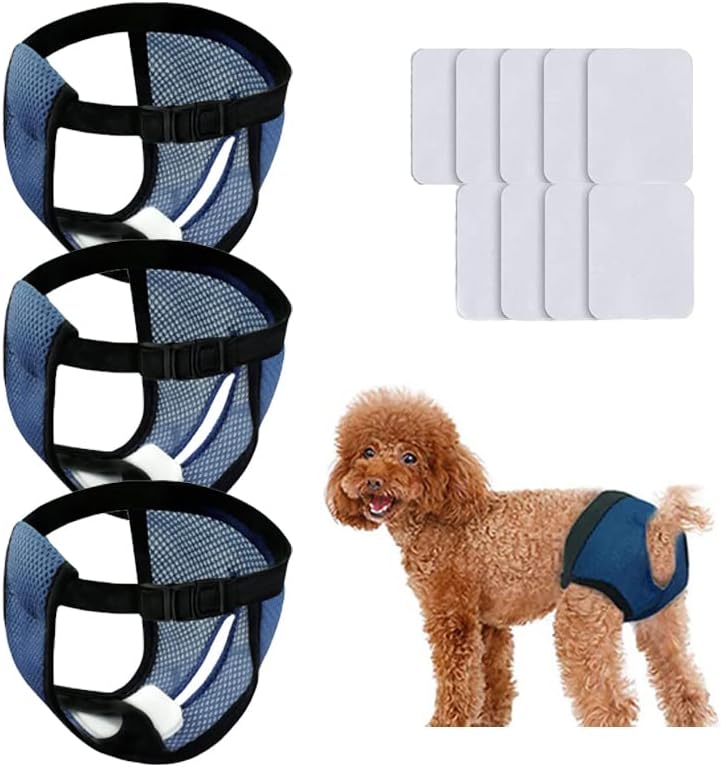 Large Reusable Dog Pants Dog Nappies, 3PCS Breathable Mesh Pet Diapers 41-56cm/16-23inch with 9 Washable Female Dogs Sanitary Pads Adjustable Briefs Protective Trousers Underwear for Dog in Heat