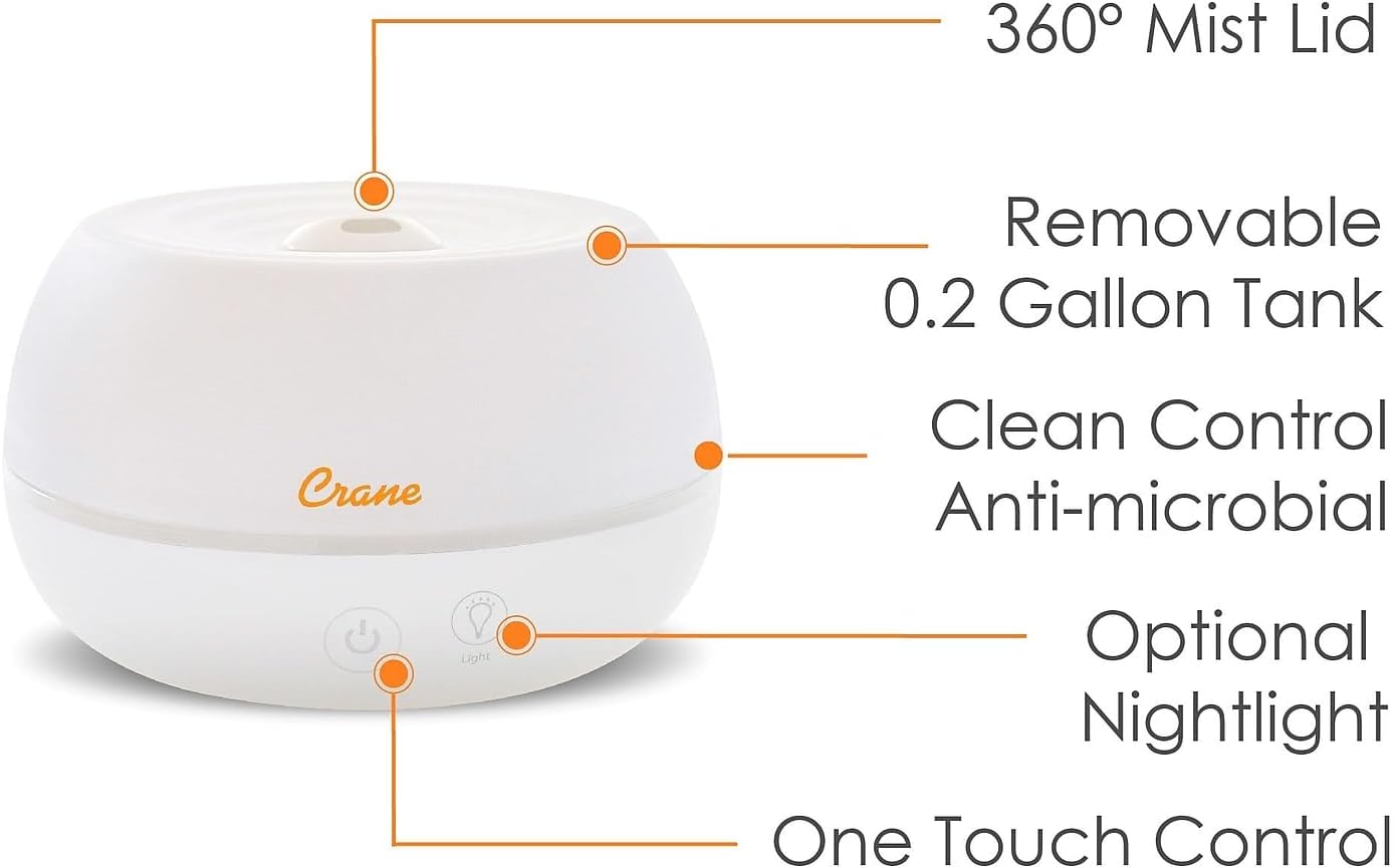 Crane Portable Ultrasonic Travel Humidifier & Aroma Diffuser – 0.2 Gallon Cool Mist, No Filter Required, Optional Essential Oil Tray, Whisper-Quiet for Babies, Travel, & Small Rooms (White)