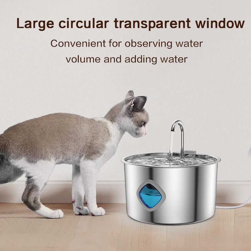 Cat Water Fountain Stainless Steel, 108oz/3.2L Automatic Pet Fountain with Multi-Filtration System, Ultra-Quiet Pump (<25dB), Water Level Window & Easy Clean