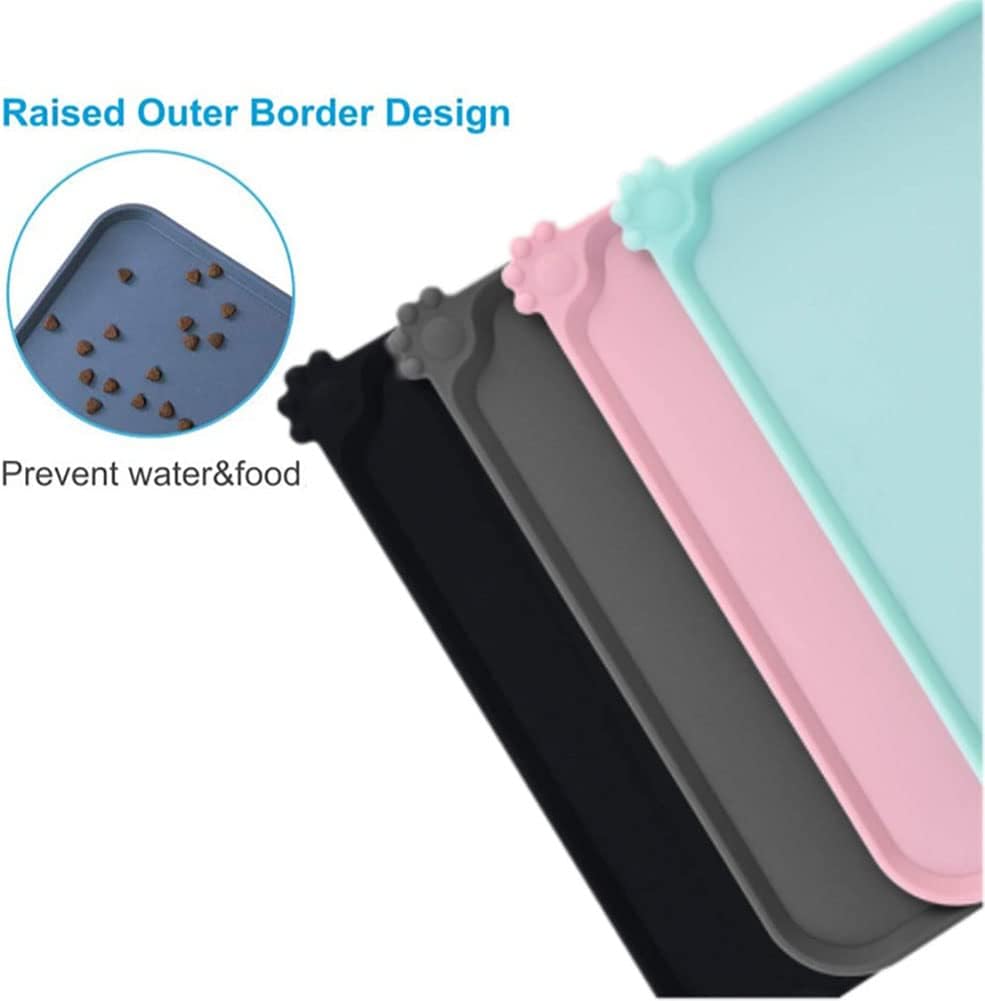 Silicone Dog Cat Bowl Mat，Waterproof Slip Resistant Silicone Pet Feeding Mat，Anti-Slip Pet Bowl Mats Cats and Dogs Food Water Placemat Tray，Raised Edges to Prevent Water Spills on Floor (Grey)