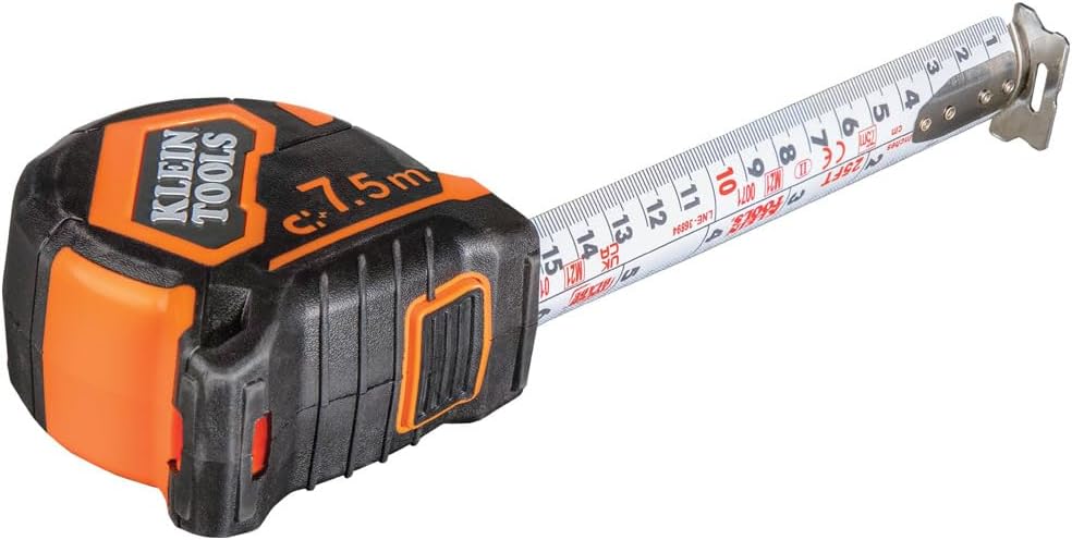 Klein Tools 9375 Tape Measure, Heavy-Duty Measuring Tape with 7.5 m Metric Double-Hook Double-Sided Nylon Reinforced Blade, Metal Belt Clip