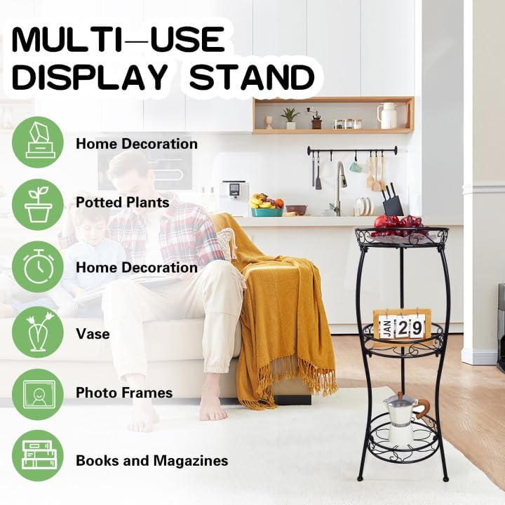 VECELO 3 Tier Metal Outdoor Plant Stand Indoor, Rustproof Stable 33.8” Tall Iron Flower Stand, Decorative Multiple Heavy Duty Plant Holder for Corner, Patio, Balcony Garden, Black