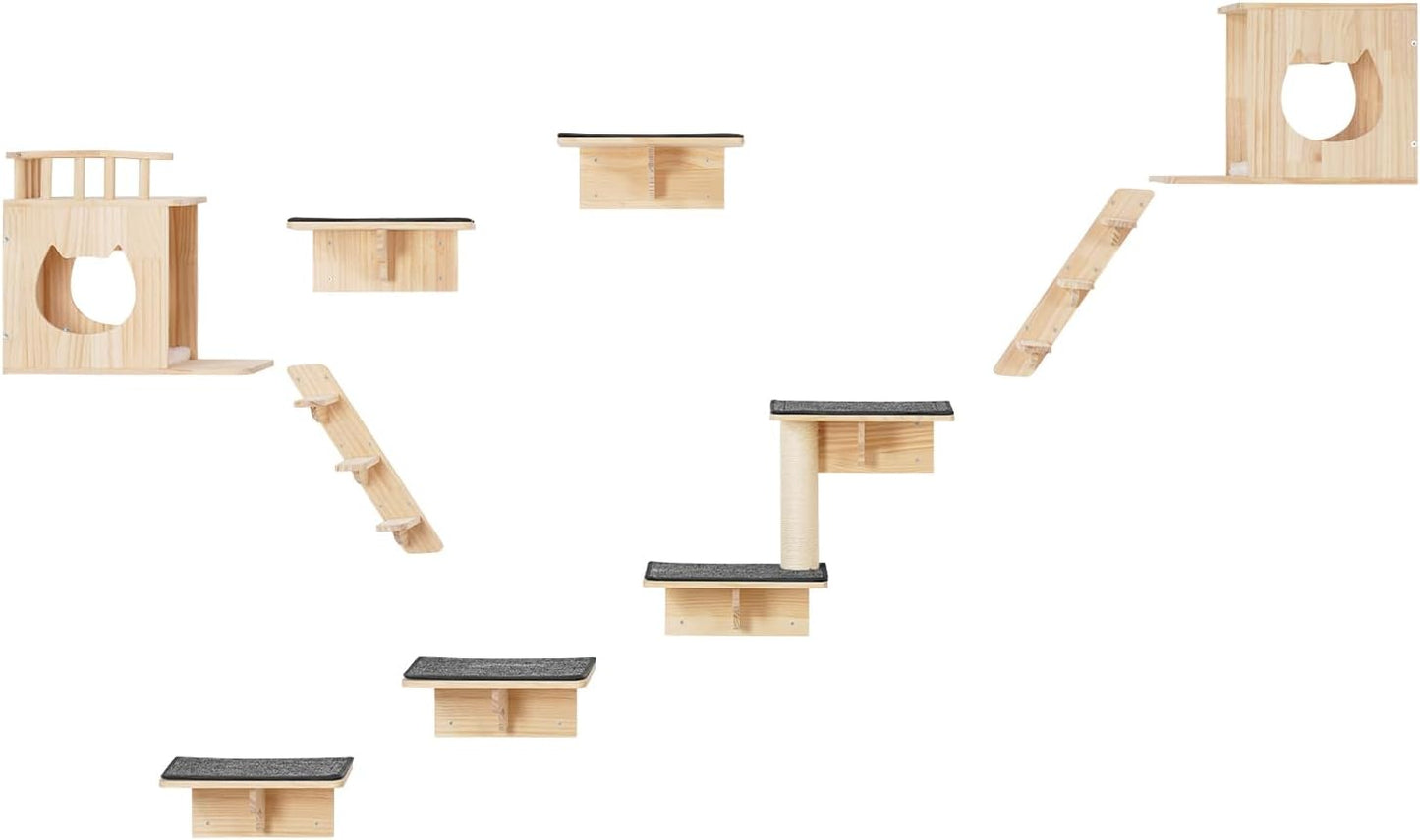 VEVOR Wall Mounted Cat Shelves, Cat Wall Shelves and Perches with Jumping Boards, Cat Beds, Hammocks & Cat Tree, Cat Furniture and Shelves up to 40 lbs for Sleeping, Playing, Climbing, Set of 9