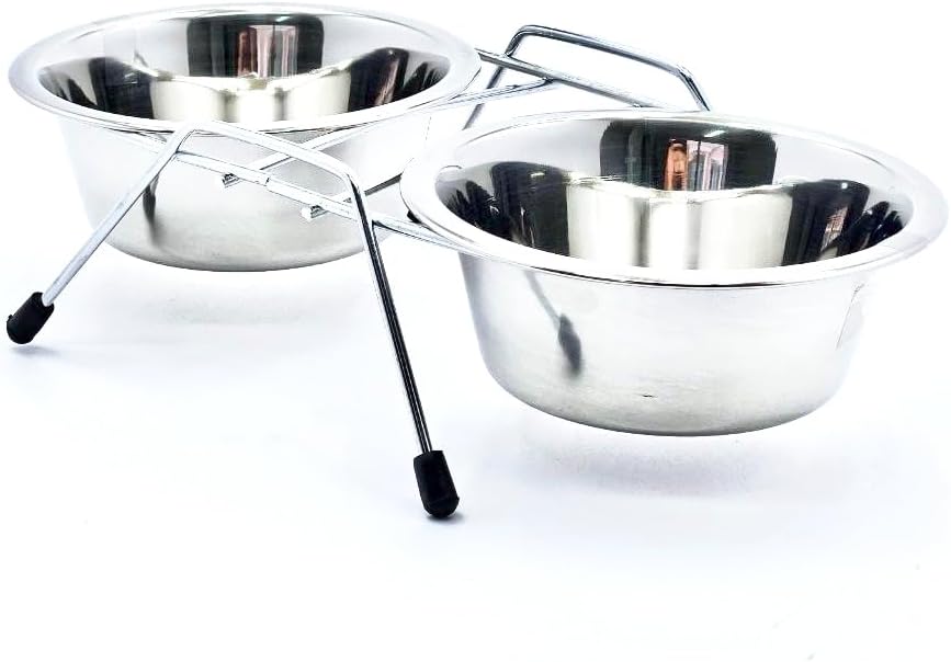 Pet Bowls for Dogs and Cats, with 2 Bowls, Iron Stand Base, Double Bowl Stand, Two Steel Removable (7oz)