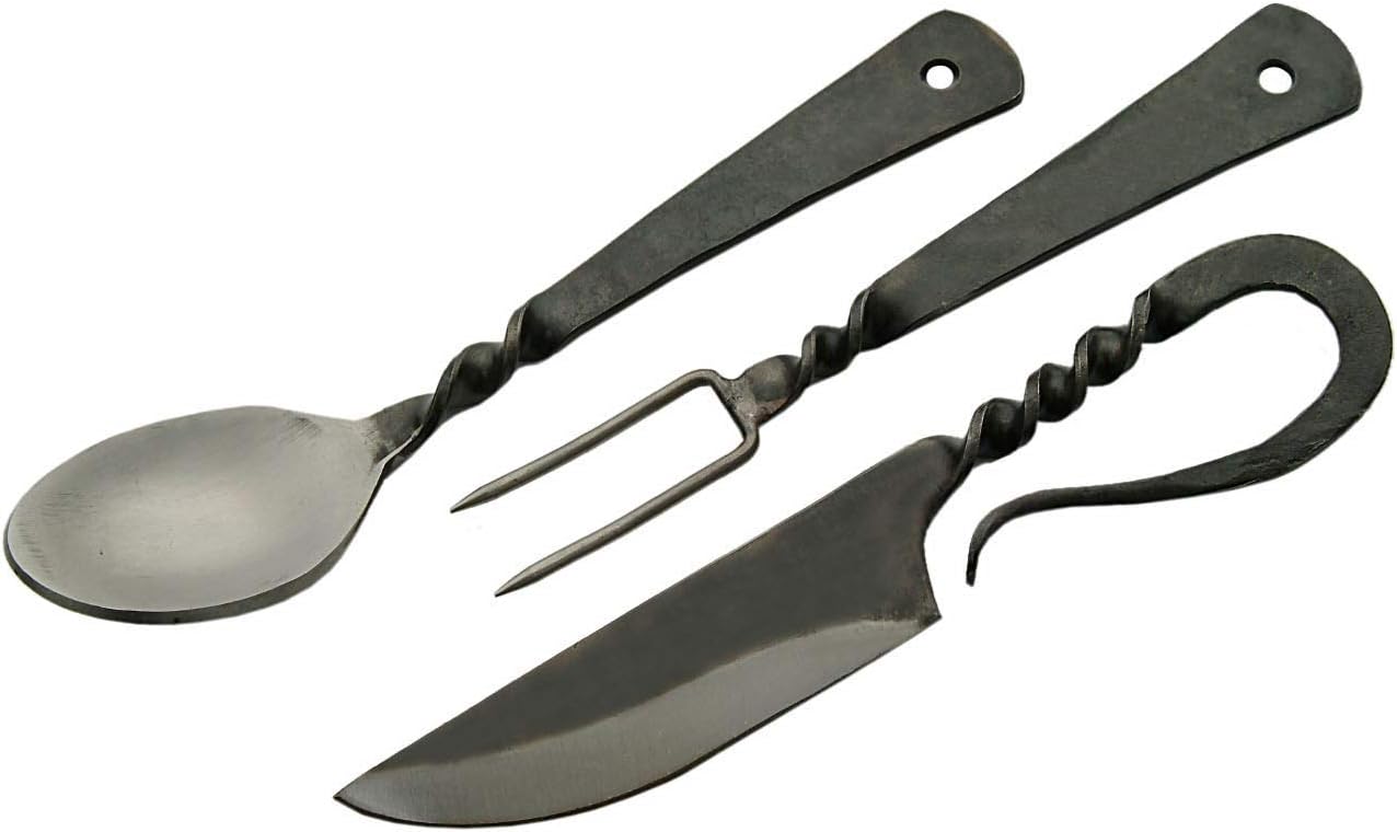 SZCO Supplies 7.25" Hand-Forged Medieval Cutlery Set – Carbon Steel Fork, Knife, Spoon with Leather Pouch, Renaissance Costume Utensils for Camping, Cosplay, and Historical Display