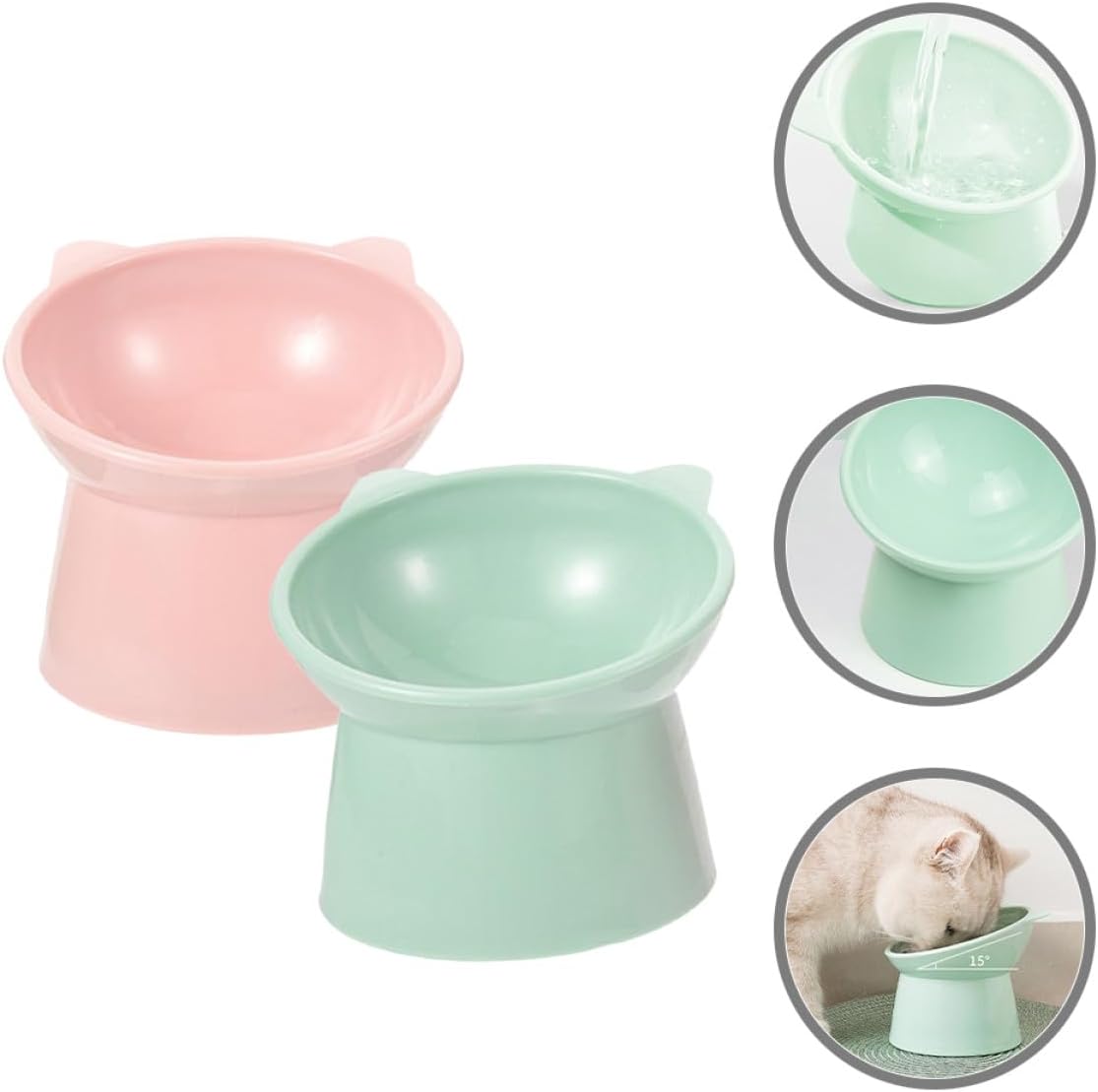 2pcs Raised Slanted Cat Food Bowls with Neck Protection, Wear-Resistant Plastic Feeding Bowls for Whisker Relief and Anti-Spill, Compact Pet Feeders for Cats and Small Dogs