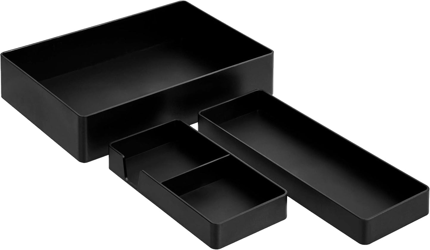 Amazon Basics Rectangular Plastic Desk Organizer Bundle, 3 Pieces with Half Accessory Tray, Small, Black