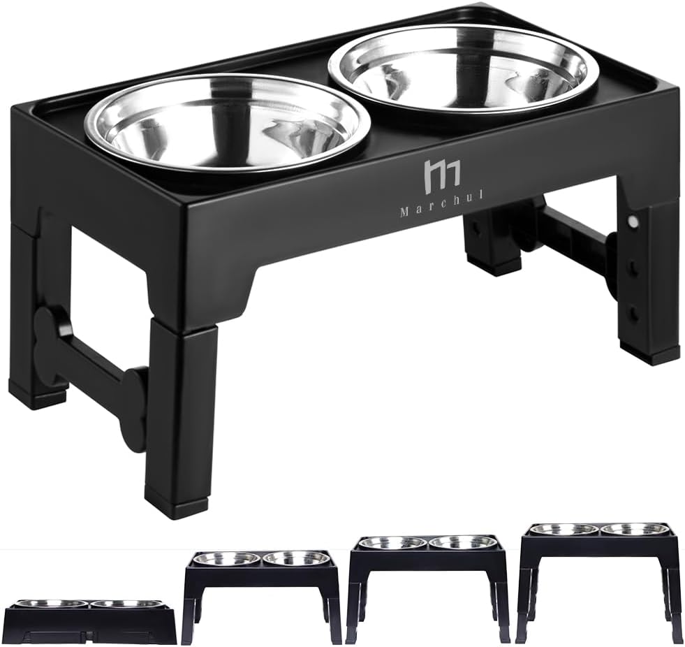 Marchul Elevated Dog Bowls, Raised Dog Food Water Bowls with 2 Thick Stainless Steel Bowls, 4 Height Adjustable, Non-Slip Stand for Medium Large Dogs