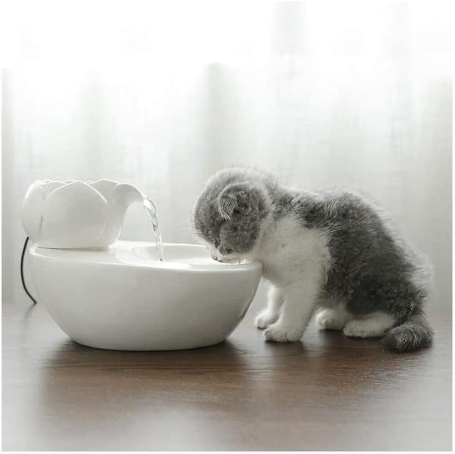Pet Fountain Automatic Pet Water Dispenser Lotus Vertical Ceramic Automatic Circulation Filter Activated Carbon Water Pet Water Dispenser (Color : White) (Pink)