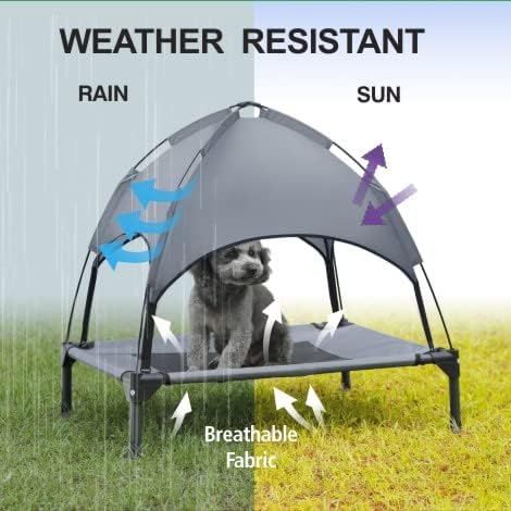 Small Elevated Dog Bed with Canopy - Upgraded 30IN Outdoor Raised Dog Cot Bed with Removable Shade Tent, Pet Cot Gray(S Size)