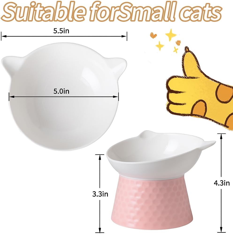 Ceramic Elevated Cat Bowl, Tilted Raised Pet Dish for Indoor Cats, Anti-Vomit & Whisker Friendly Cat Food Bowl, Cute One-Piece Stand, Microwave & Dishwasher Safe