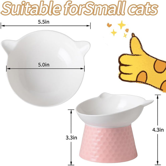 Ceramic Elevated Cat Bowl, Tilted Raised Pet Dish for Indoor Cats, Anti-Vomit & Whisker Friendly Cat Food Bowl, Cute One-Piece Stand, Microwave & Dishwasher Safe