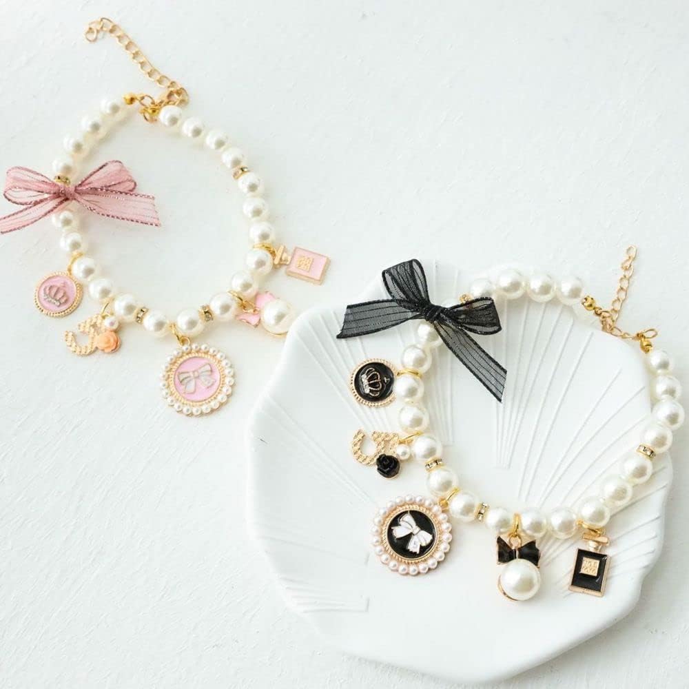 Dog Pearl Collars Princess Bow Necklace Pet Necklace DogCute Collar Puppy Accessories Cat Jewelry Neck Strap for Dog Cat (M)