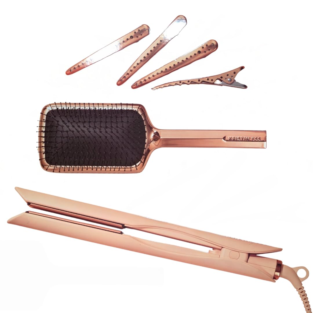 Kristin Ess Hair Styling Gift Set 3-in-1 Ceramic Flat Iron Bundle - 1.25inch Dual Voltage Ceramic Hair Straightener + Detangling Brush + Sectioning Clips - 4 Heat Settings 440 Degrees + Auto Shut Off