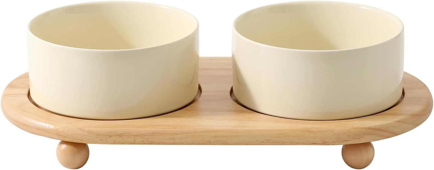 Ceramic Elevated Dog Bowls, Food and Water Bowls for Dogs, Puppy, Raised Dog Dish, Pet Feeder(6inch, 2 x Light Yellow + Stand)
