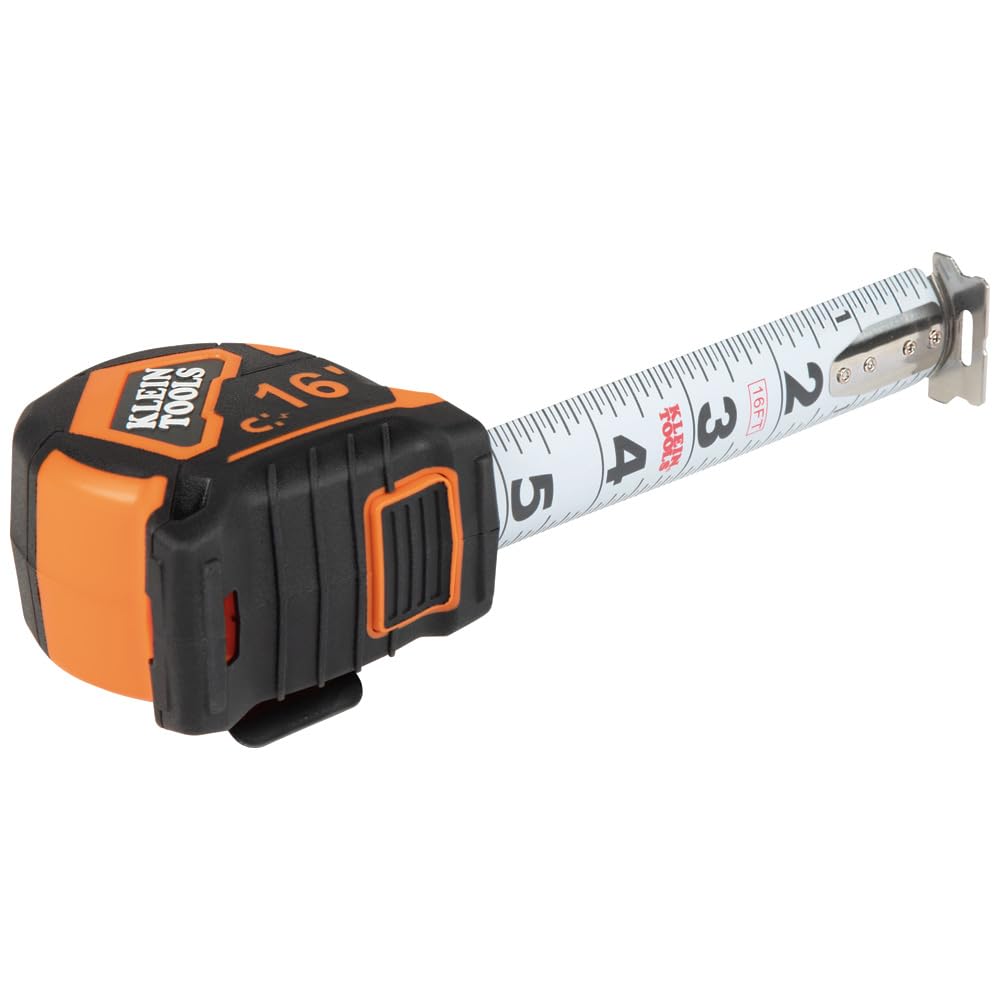 Klein Tools 9216 Tape Measure, Heavy-Duty Measuring Tape with 16-Foot Double-Hook Double-Sided Nylon Reinforced Blade, with Metal Belt Clip